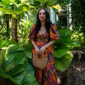 Farm Rio Macaw Puff-Sleeve Midi Dress